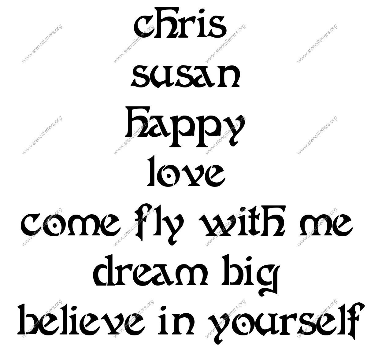 Intricate Art Nouveau lowercase stencil Names, Words, Phrases samples